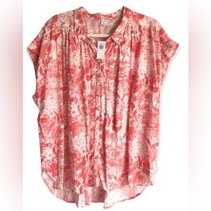 NWT Linen Blend Relaxed Fit Button Down Top Red/Coral Tropical Print sz Large